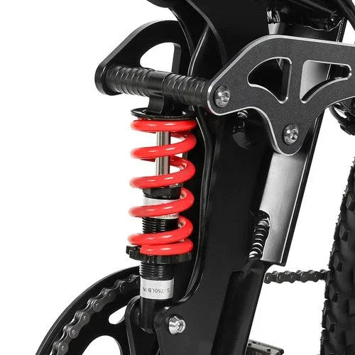 Close-up of a SAMEBIKE LO26-Plus Electric Bike suspension fork with red springs on a white background