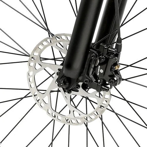 Close-up of a SAMEBIKE LO26-Plus Electric Bike wheel with disc brake system on a white background