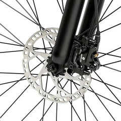 Close-up of a SAMEBIKE LO26-Plus Electric Bike wheel with disc brake system on a white background