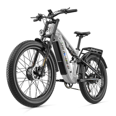 A silver and black Shengmilo S600Pro Dual Motor electric fat tire bike with a rear cargo rack, shown from a three-quarter front angle on a white background.