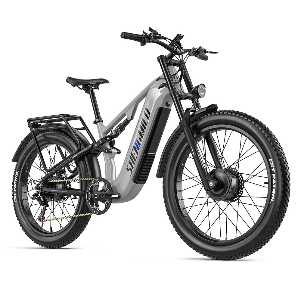 A step-through Shengmilo S600Pro Dual Motor electric bicycle with a matte gray frame, black components, fat tires, and a rear cargo rack, shown on a clean white background.