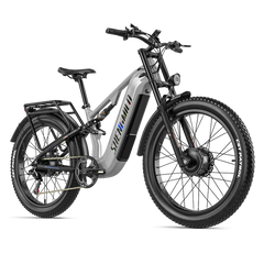 A step-through Shengmilo S600Pro Dual Motor electric bicycle with a matte gray frame, black components, fat tires, and a rear cargo rack, shown on a clean white background.