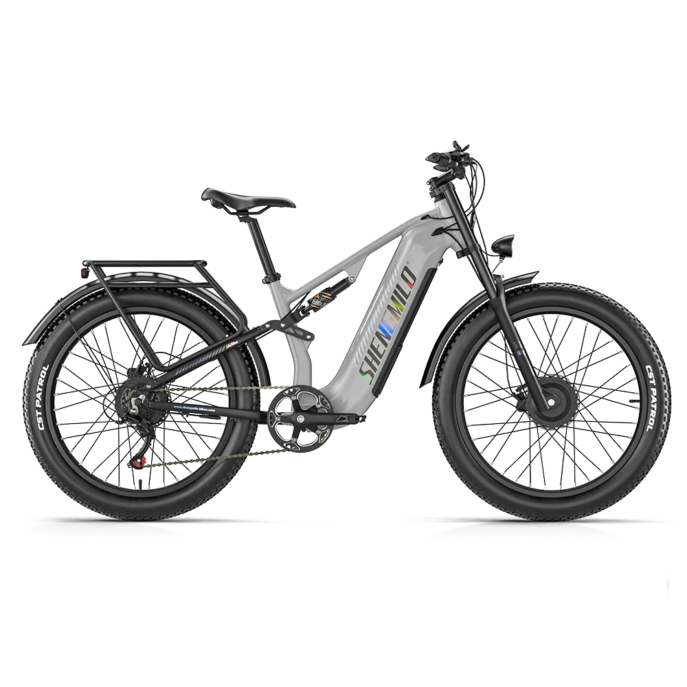 A gray and black Shengmilo S600 Pro Dual Motor Electric Bicycle with fat tires, rear cargo rack, and a visible battery pack on the frame, shown in a clean side profile on a white background.