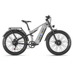 A gray and black Shengmilo S600 Pro Dual Motor Electric Bicycle with fat tires, rear cargo rack, and a visible battery pack on the frame, shown in a clean side profile on a white background.