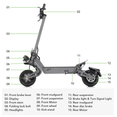 Diagram of an VIPCOO-VS9 Dual Motors Electric Scooter with labeled parts on a white background