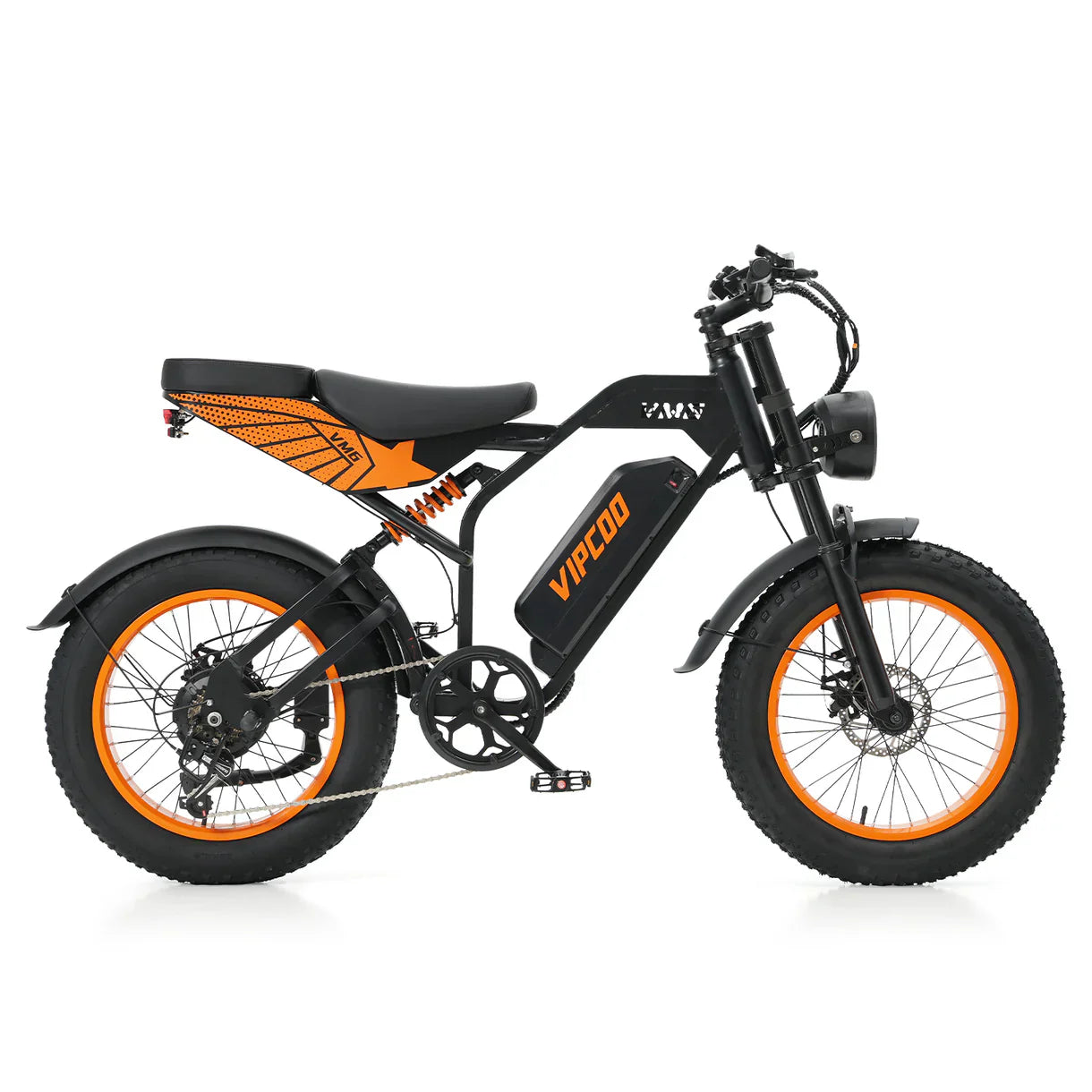 VIPCOO VM6 Electric City Bike with orange rims and black frame on a white background