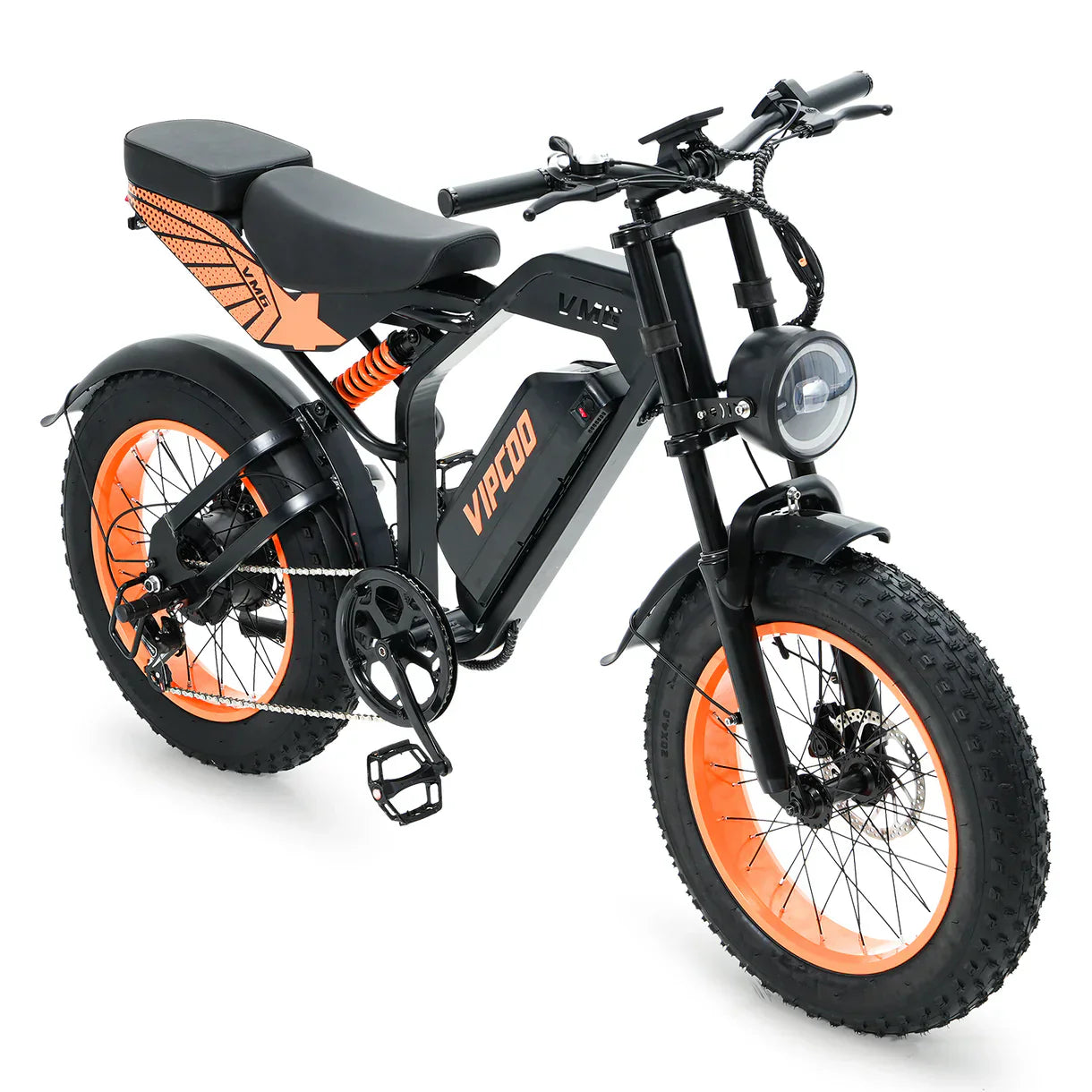 VIPCOO VM6 Electric City Bike with orange rims on a white background - Pogo Cycles, UK