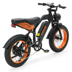 Black VIPCOO VM6 Electric City Bike with orange wheels on a white background - Pogo Cycles, UK