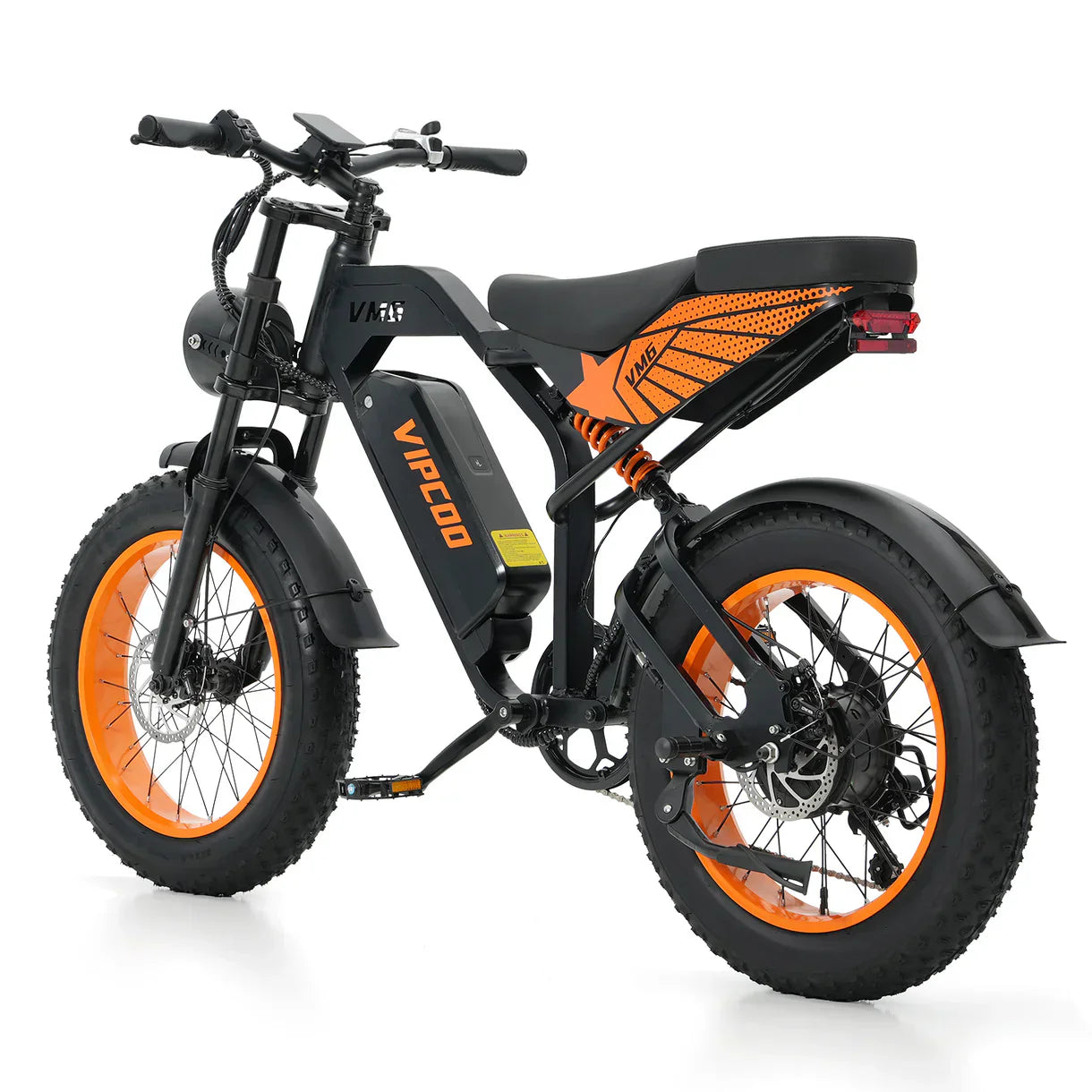 Black VIPCOO VM6 Electric City Bike with orange wheels on a white background - Pogo Cycles, UK