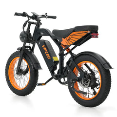 Black VIPCOO VM6 Electric City Bike with orange wheels on a white background - Pogo Cycles, UK