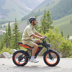 Person riding a VIPCOO VM6 Electric City bicycle with large wheels on a mountain trail - Pogo Cycles, UK