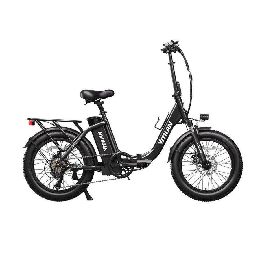 Vitilan U3 electric bike in black, side view showing step-through frame and rear rack