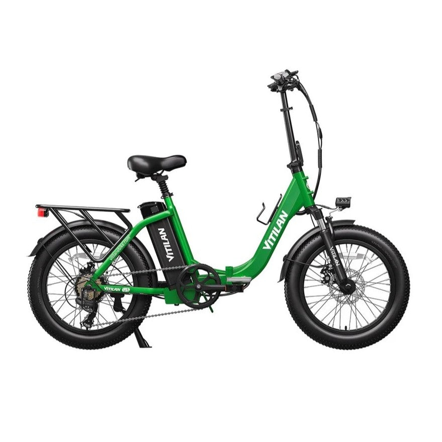 Vitilan U3 electric bike green color side view with rear rack and step-through frame