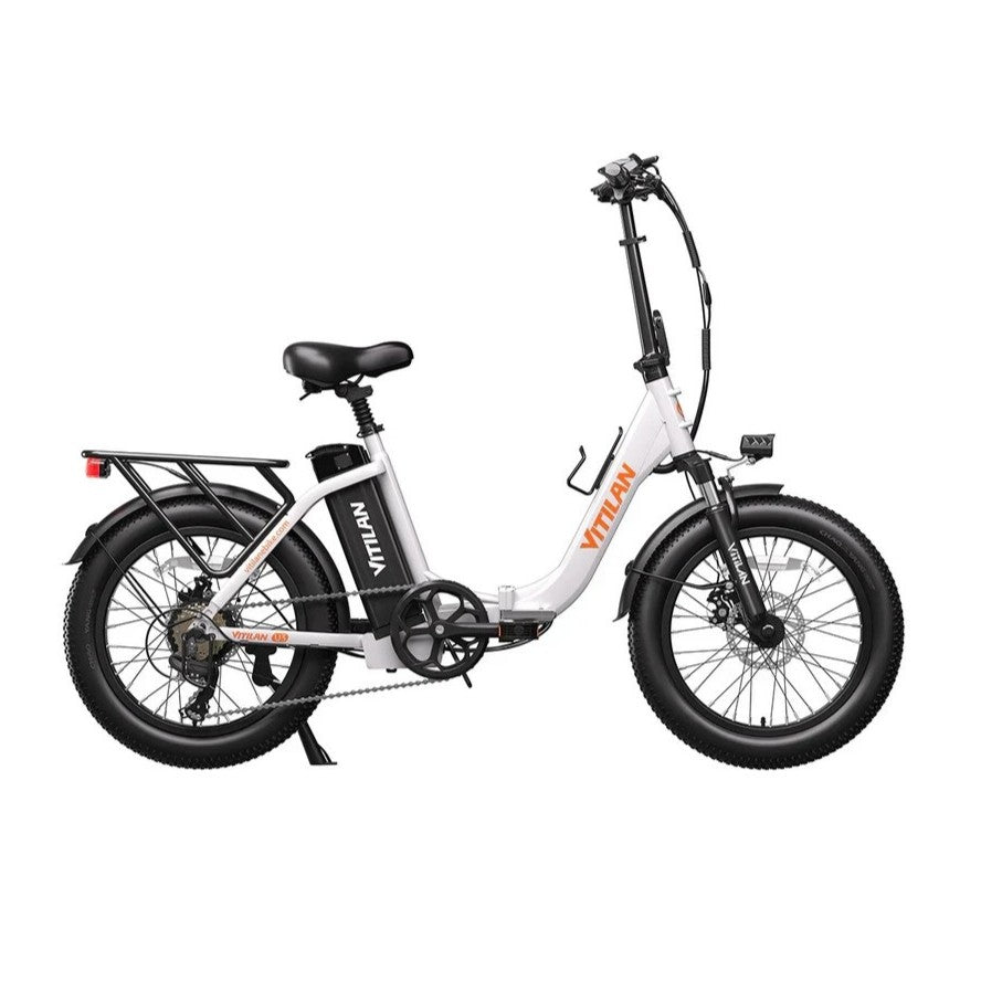 Vitilan U3 electric bike in white, side view, with step-through frame and rear rack