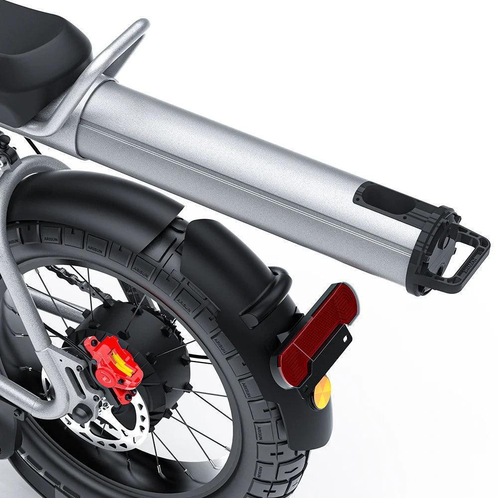 Coswheel CT20S electric bike rear tire, disc brake, and battery close-up