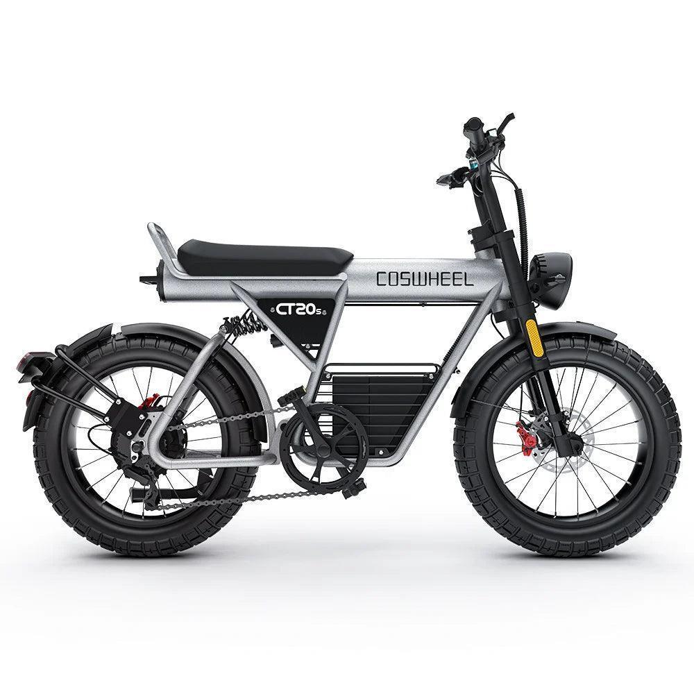 Coswheel CT20s electric bike in silver, side view on white background