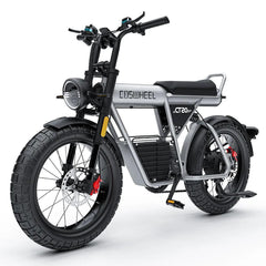 Coswheel CT20S electric bike in silver, side front view showing thick tires and headlight
