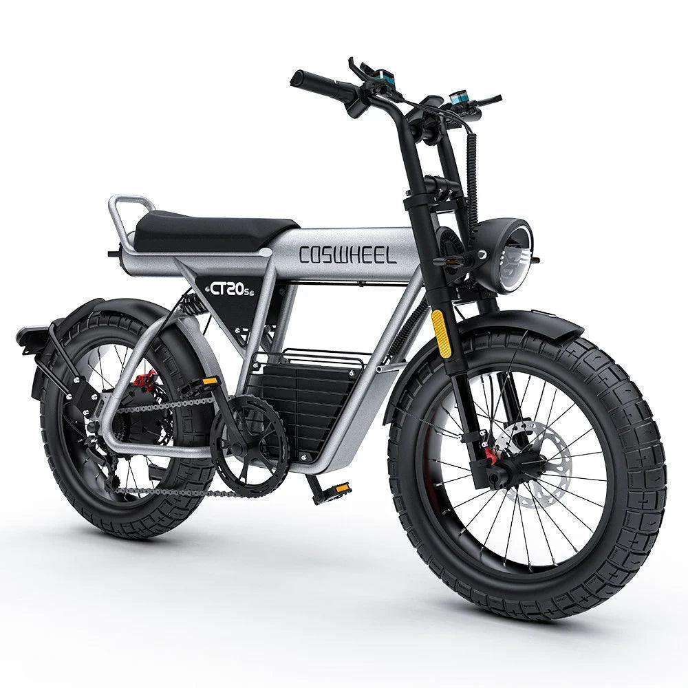 Coswheel CT20s electric bike in silver, side view with thick tires and front headlight