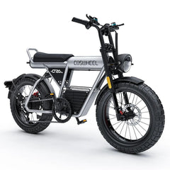 Coswheel CT20s electric bike in silver, side view with thick tires and front headlight
