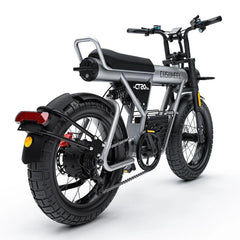 Coswheel CT20S electric bike in silver, side-rear view showing fat tires and frame design