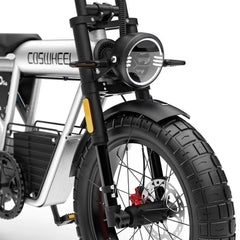 Coswheel CT20S electric bike silver side view showing front wheel and headlight