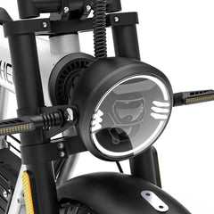 Coswheel CT20S electric bike front LED headlight and fork in close-up view