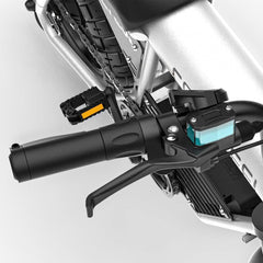 Coswheel CT20S electric bike handlebar and brake lever close-up, silver frame