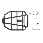 Black metal bike rack with installation hardware on a white background