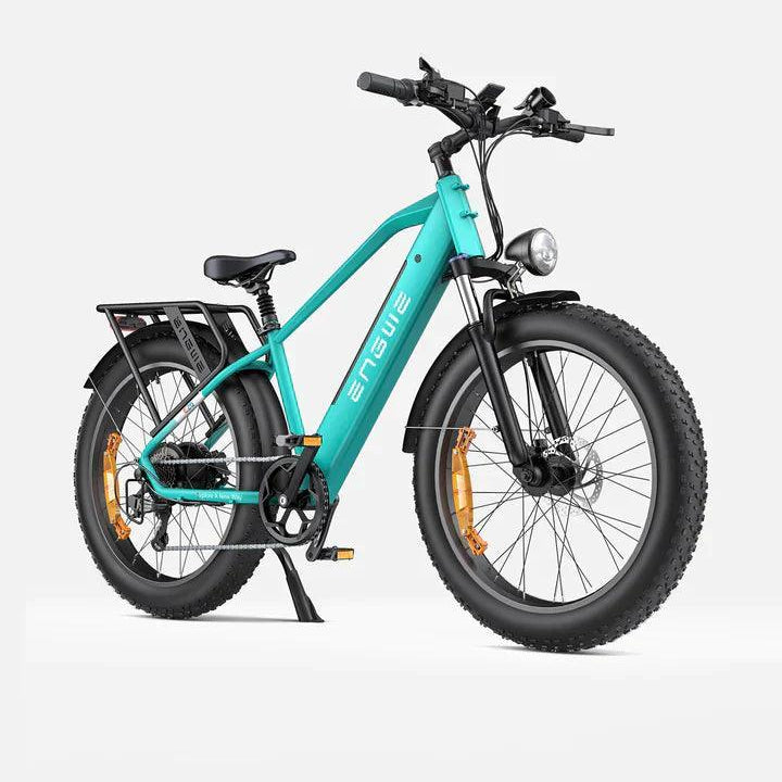 Engwe E26 electric mountain bike in teal, side view with front light and rear rack visible