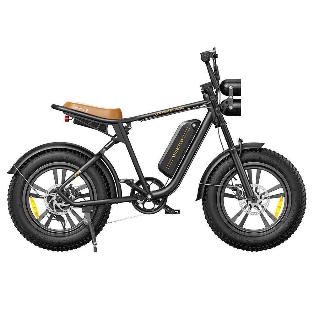 Engwe M20 electric bike black side view with fat tires and brown seat