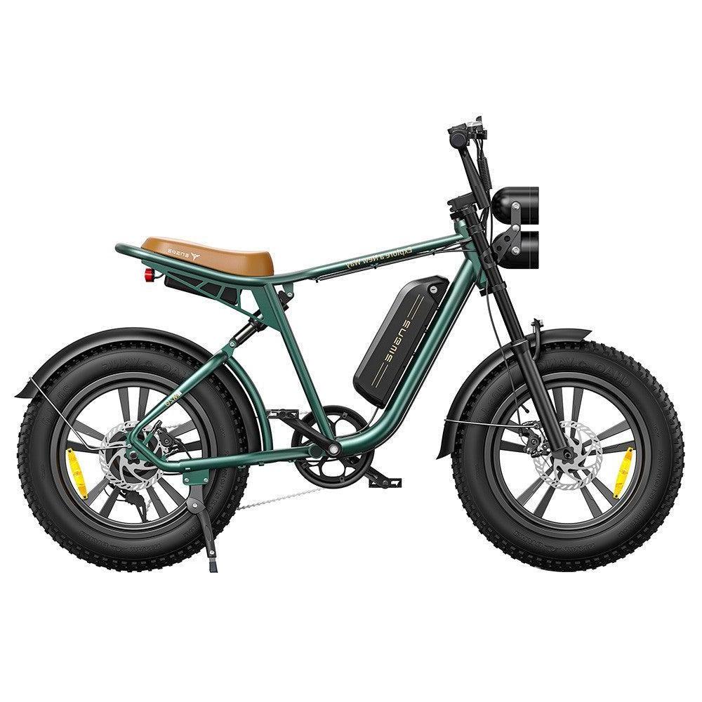 ENGWE M20 electric bike in green, side view, showing fat tires and brown saddle