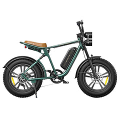 ENGWE M20 electric bike in green, side view, showing fat tires and brown saddle