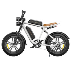 Engwe M20 electric bike in white, side view showing battery and fat tires