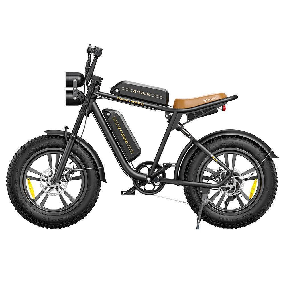Engwe M20 electric bike in black and brown, side view showing battery and fat tires