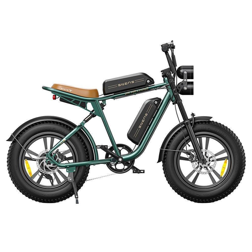 Engwe M20 electric bike in green, side view showing frame, battery, and fat tires