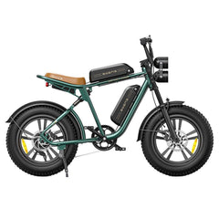Engwe M20 electric bike in green, side view showing frame, battery, and fat tires