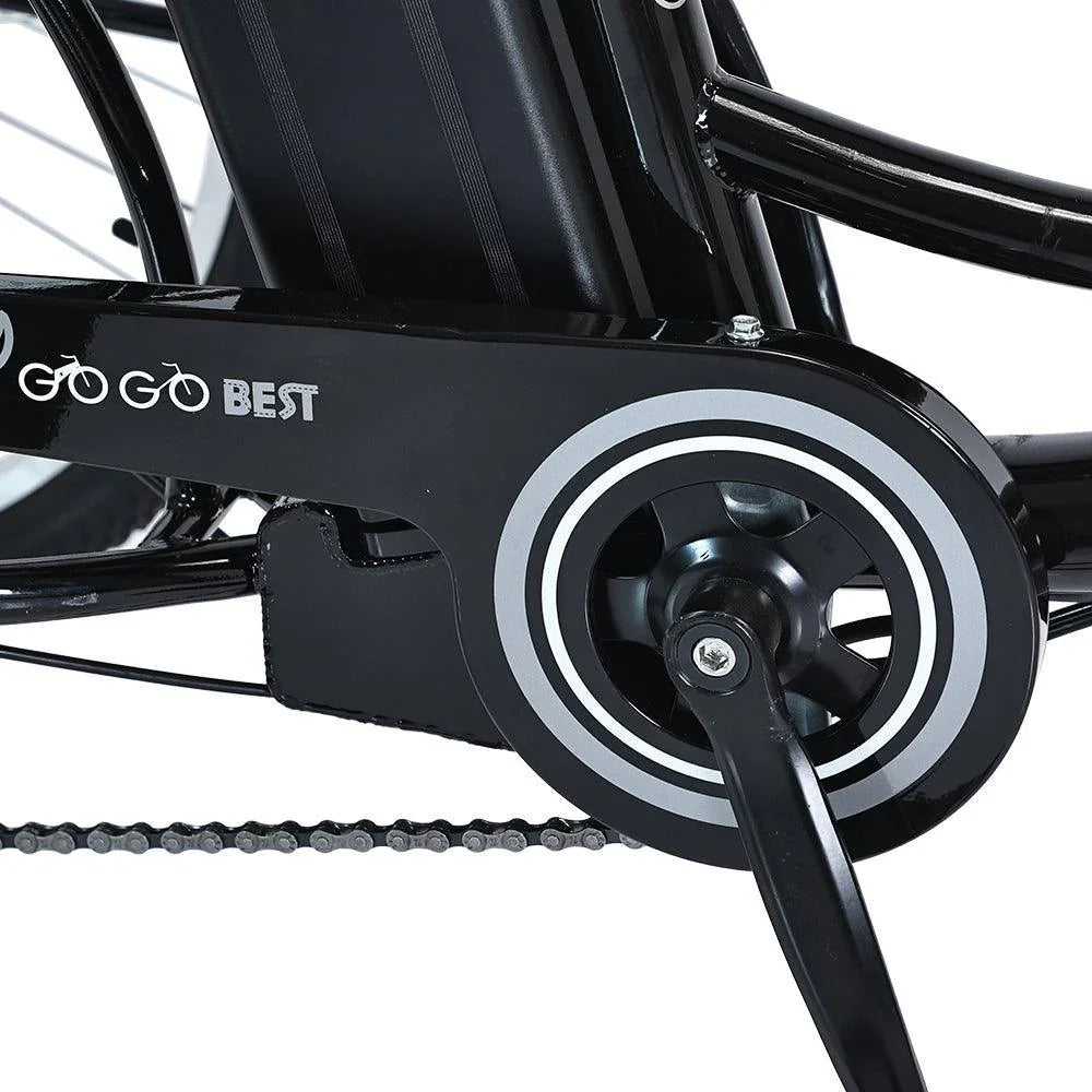 Close-up view of the crankset, pedal, and chain mechanism of a GOGOBEST electric bike, showcasing the motor housing and battery compartment.