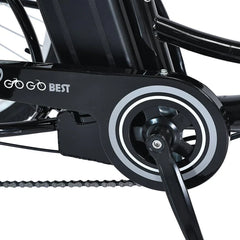 Close-up view of the crankset, pedal, and chain mechanism of a GOGOBEST electric bike, showcasing the motor housing and battery compartment.