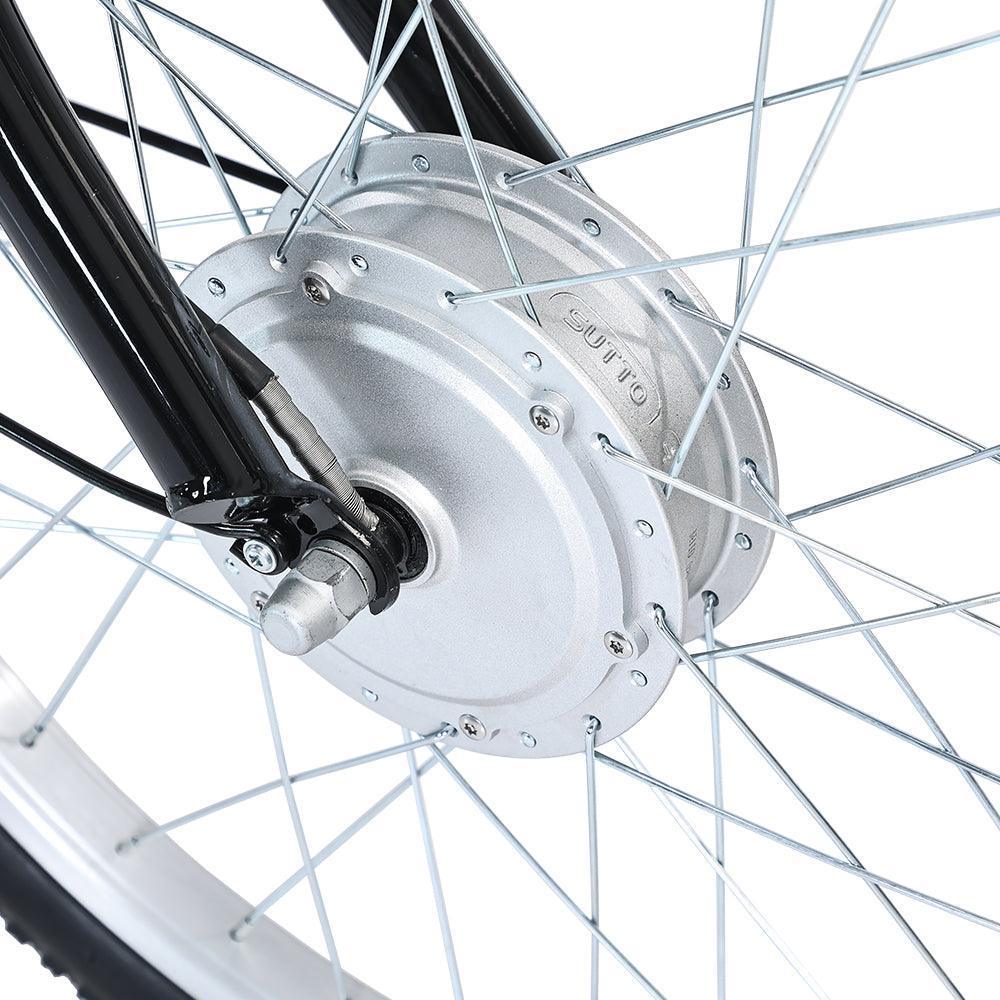 Close-up view of an electric bike front wheel hub motor with spokes, showcasing the motor housing and wiring connection for power transmission - Pogo Cycles