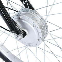 Close-up view of an electric bike front wheel hub motor with spokes, showcasing the motor housing and wiring connection for power transmission - Pogo Cycles
