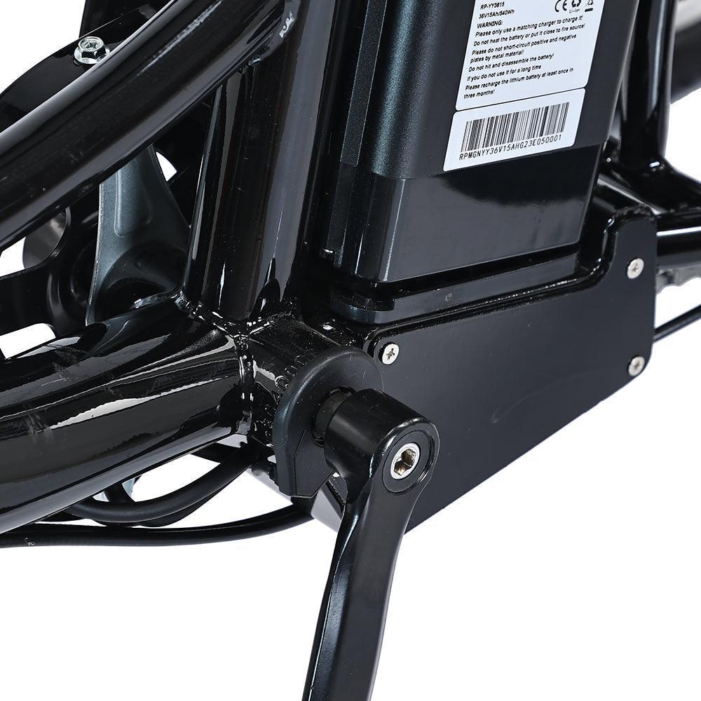 Close-up view of the battery compartment and crank area of the GOGOBEST Electric City Tricycle Cargo E-bike, highlighting the frame and pedal assembly.