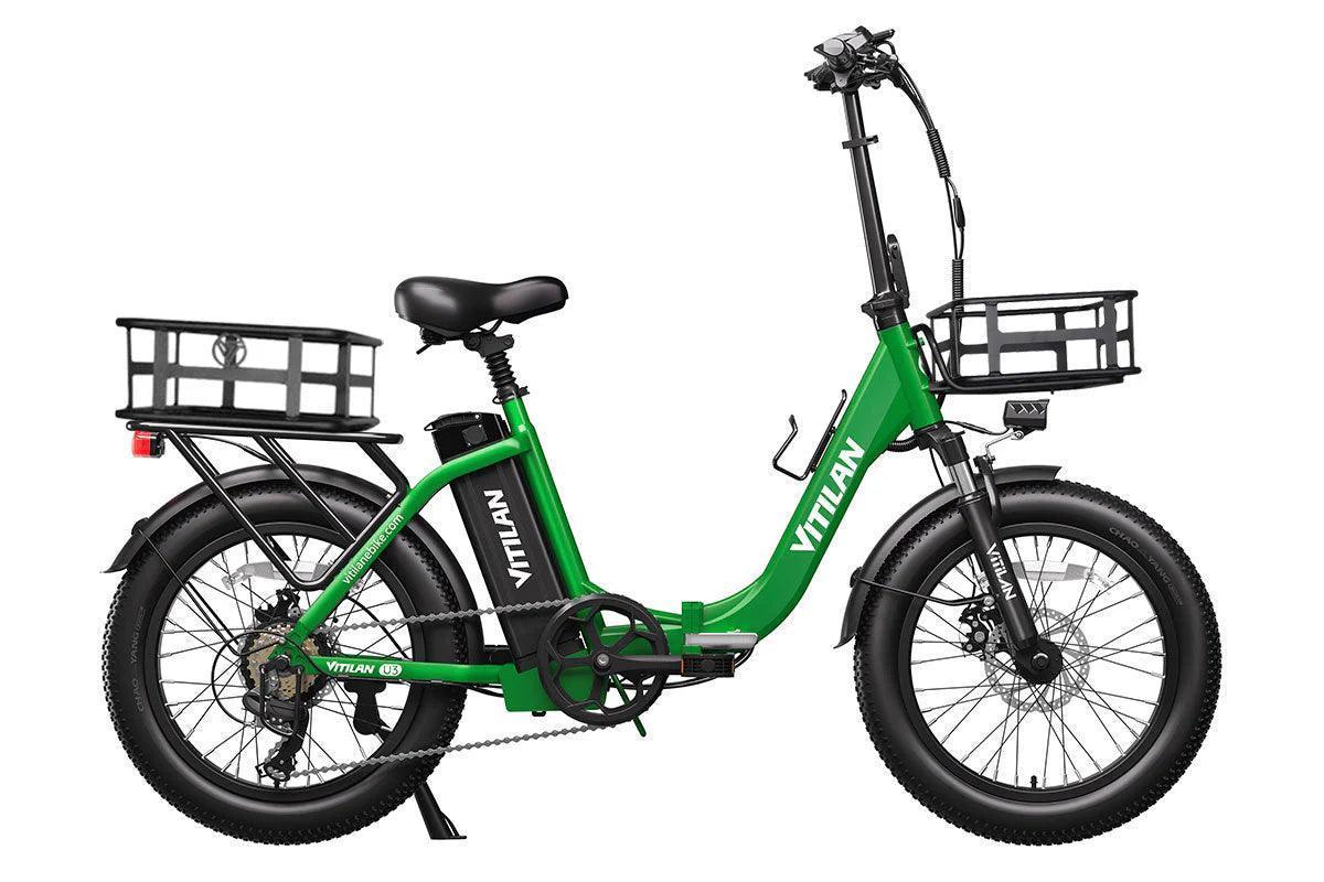 VITILAN U3 green electric bike with front and rear baskets, side view