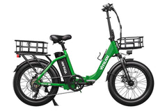 VITILAN U3 green electric bike with front and rear baskets, side view