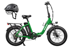 VITILAN U3 green electric bike with step-through frame and black safety helmet, side view