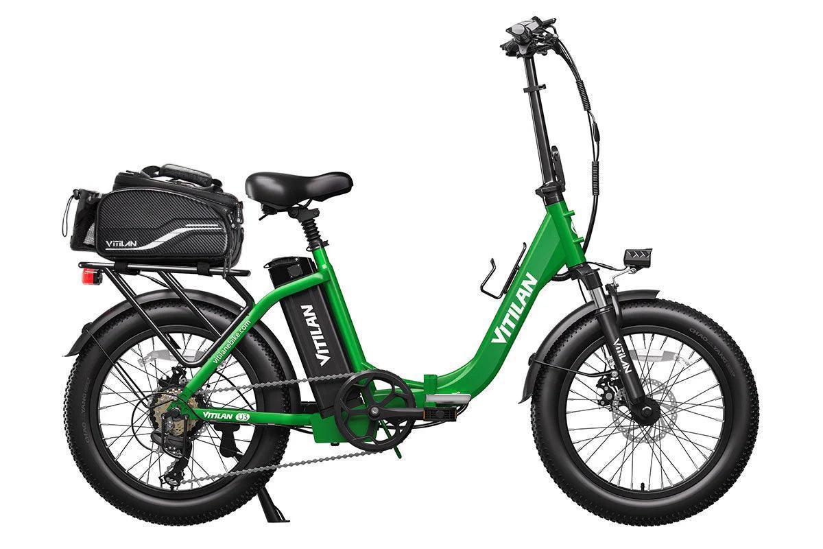 VITILAN U3 green electric bike side view with rear storage bag and fat tires