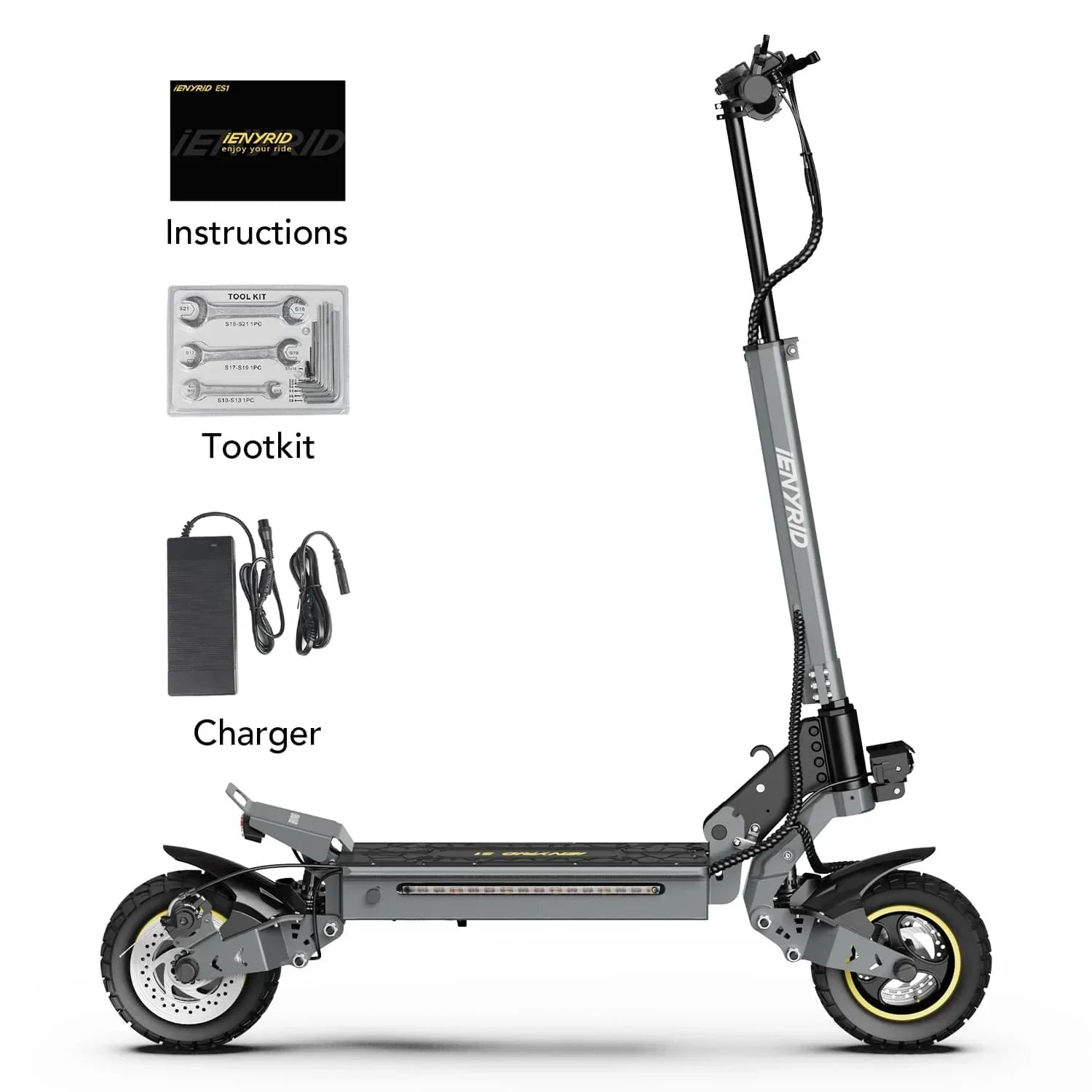 iENYRID S1 All-Terrain Electric Scooter with accessories including instructions, toolkit, and charger on a white background