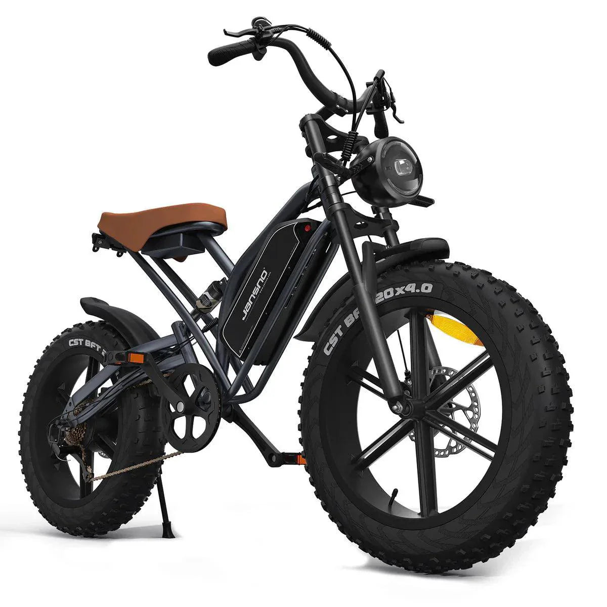 Jansno X50 electric bike with brown saddle, black frame, side front view