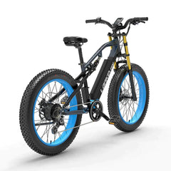 Lankeleisi RV700 electric mountain bike black with blue rims, rear side view