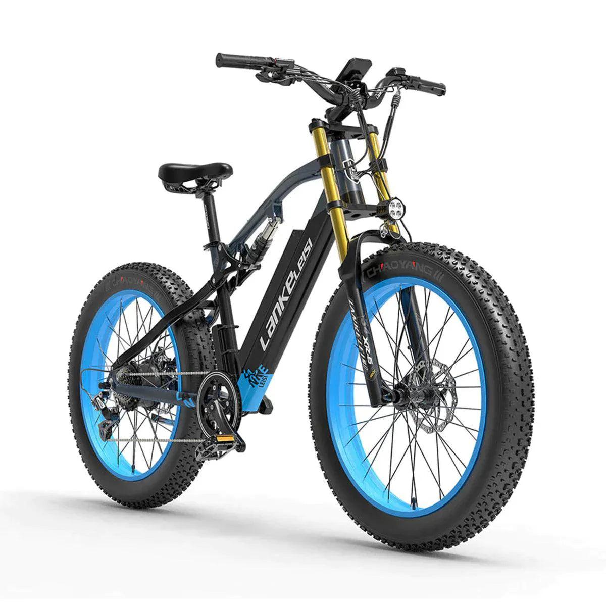 Lankeleisi RV700 electric mountain bike black frame with blue rims front side view