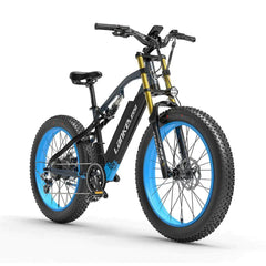 Lankeleisi RV700 electric mountain bike black frame with blue rims front side view